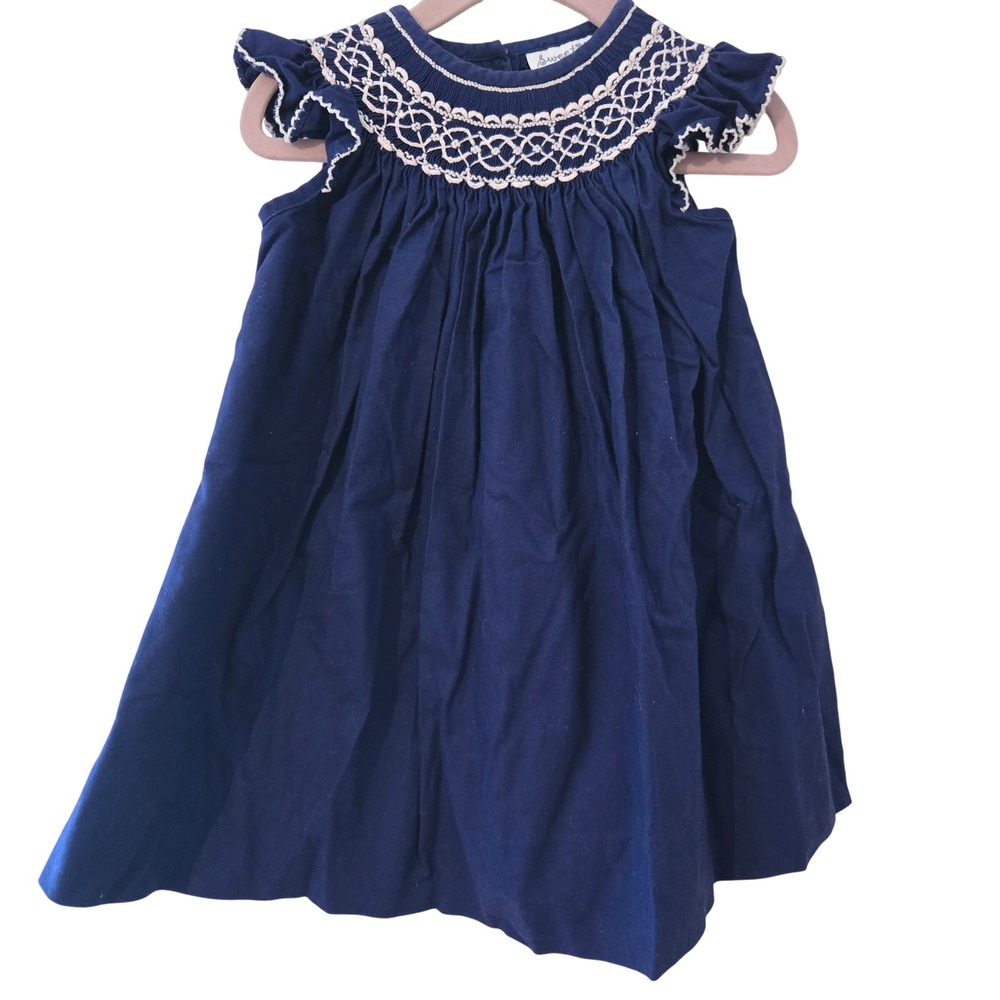 Sweet Honey Girls Navy Blue Smocked Ruffle Sleeve Dress Size 2T Embroidery